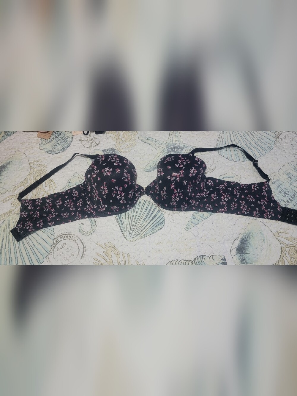 Black Floral Push-Up Bra with Pink/White Blossoms